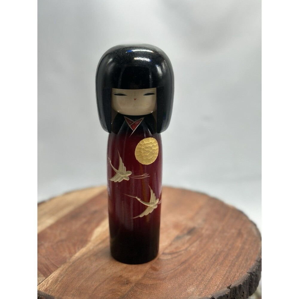 Japanese Kokeshi Wooden Doll Girl Carved Crane Birds Gold Moon